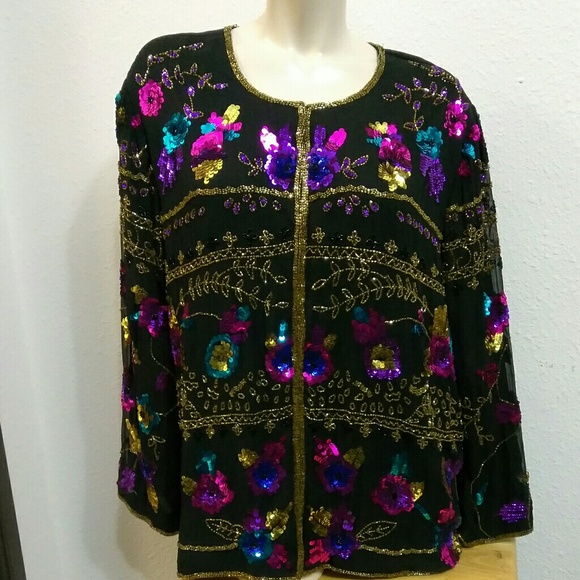 Tops - Floral pattern sequins & beaded blouse